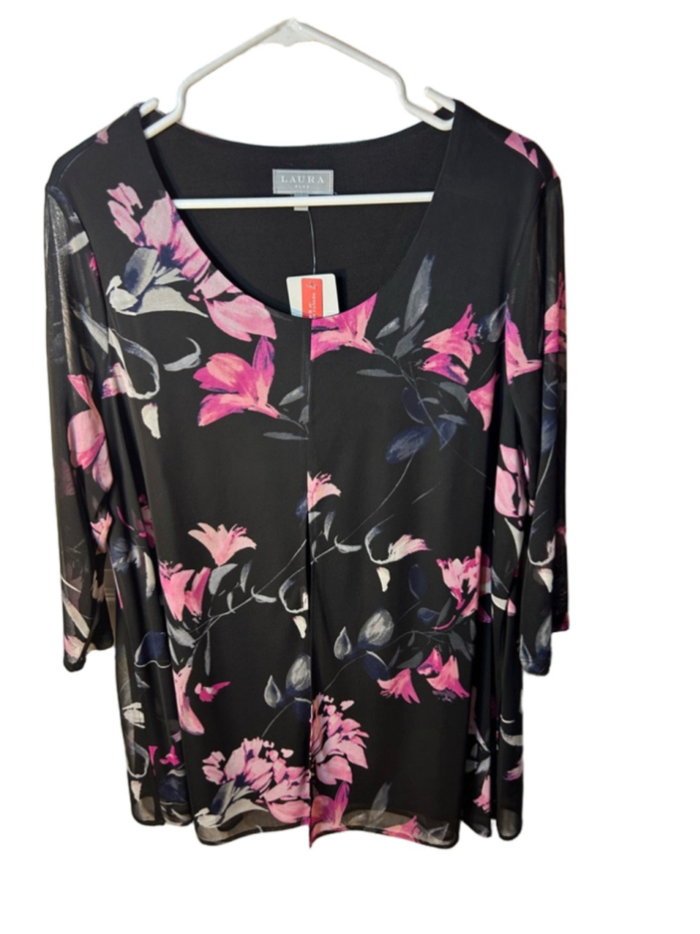 Laura Plus Black Floral Tunic with chiffon overly Pink Blossoms size 1x new